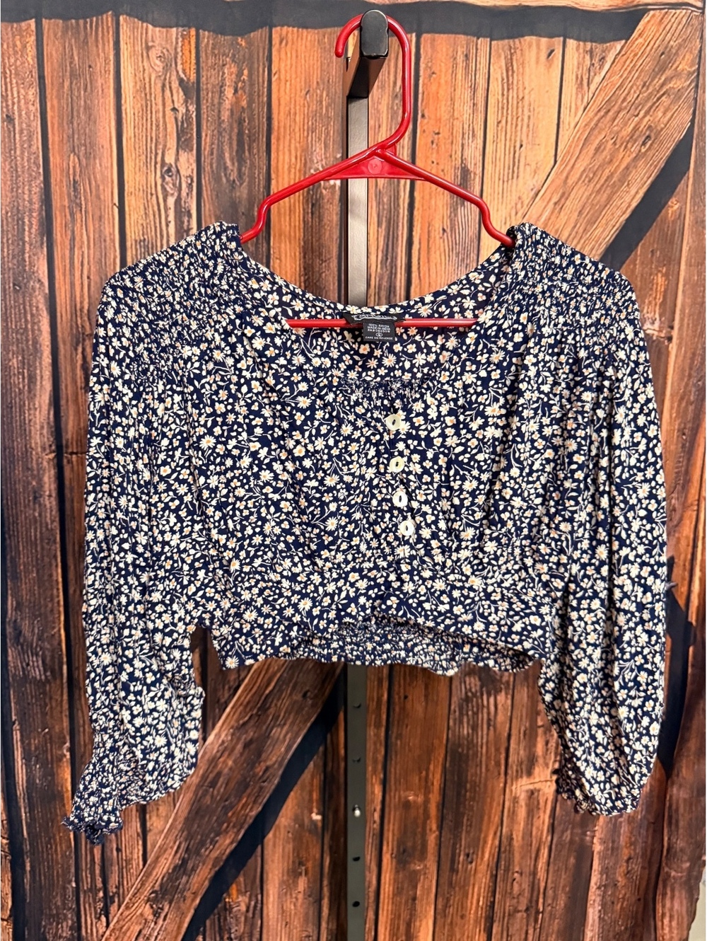 Angie Navy Blue Floral Button-Front Crop Top, Size Small